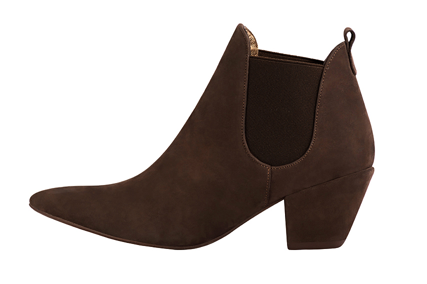 Bottines élégantes et raffinées avec des élastiques sur les côtés, coloris marron ébène. Bout effilé. Mi-haut à haut. Talon conique. Personnalisation : Choix des cuirs, des couleurs et des talons. Cou-de-pied sur mesure. - Florence KOOIJMAN