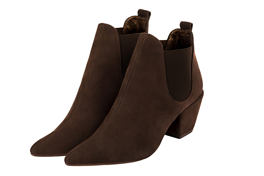 Bottines élégantes et raffinées avec des élastiques sur les côtés, coloris marron ébène. Bout effilé. Mi-haut à haut. Talon conique. Personnalisation : Choix des cuirs, des couleurs et des talons. Cou-de-pied sur mesure. - Florence KOOIJMAN