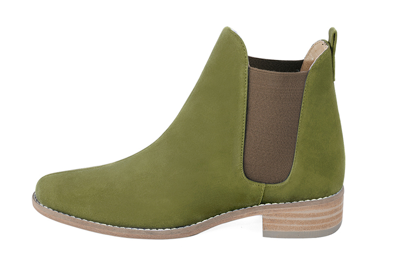 Boots femme : Boots élastiques sur les côtés couleur vert pistache et marron taupe. Bout rond. Semelle cuir talon plat. Vue de profil - Florence KOOIJMAN