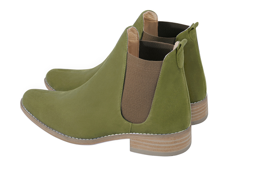 Boots femme : Boots élastiques sur les côtés couleur vert pistache et marron taupe. Bout rond. Semelle cuir talon plat. Vue arrière - Florence KOOIJMAN