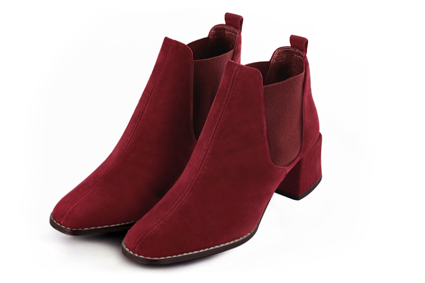 Boots femme : Boots élastiques sur les côtés couleur rouge bordeaux. Bout carré. Talon mi-haut bottier Vue avant - Florence KOOIJMAN
