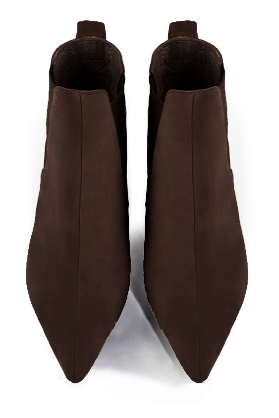 Boots femme : Boots élastiques sur les côtés couleur marron ébène. Bout pointu. Talon très haut compensé. Vue du dessus - Florence KOOIJMAN