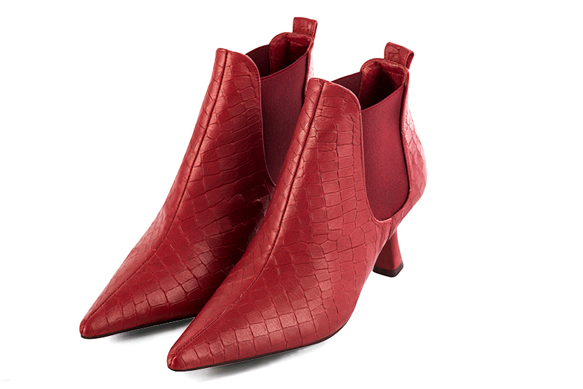 Boots femme : Boots élastiques sur les côtés couleur rouge coquelicot. Bout pointu. Talon mi-haut bobine Vue avant - Florence KOOIJMAN