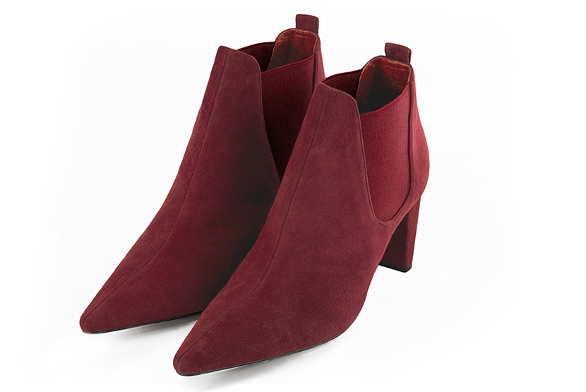 Boots femme : Boots élastiques sur les côtés couleur rouge bordeaux. Bout pointu. Talon mi-haut virgule Vue avant - Florence KOOIJMAN