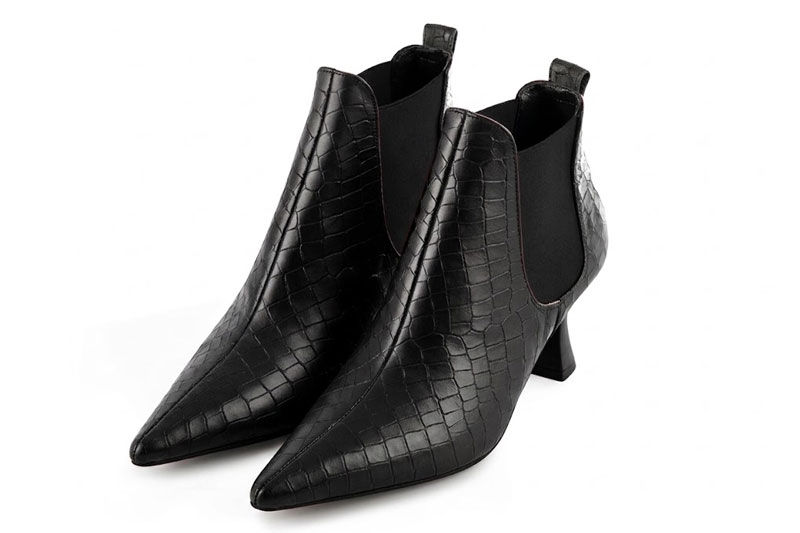 Bottines habillées femme avec élastiques en cuir noir satiné et noir mat à talon bobine de 5.5 cm et bout pointu - Vue avant