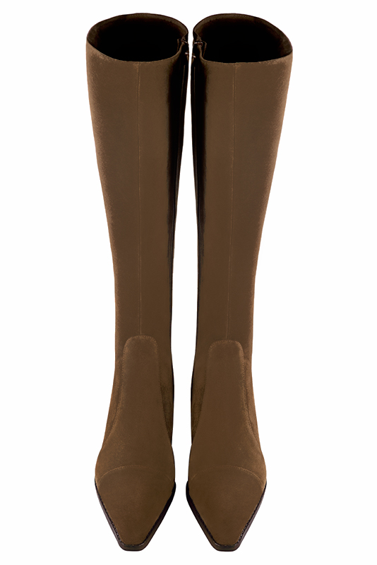 Bottes femme sur mesure marron chocolat. Bout effilé. Talon bottier de 5.5 cm - Vue du dessus