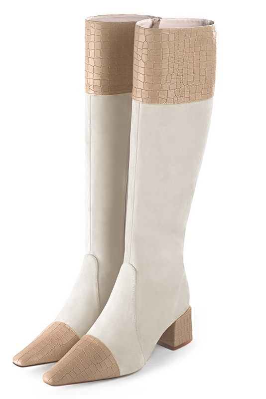 Botte femme : Bottes femme féminines sur mesures couleur beige sahara et blanc cassé. Bout effilé. Talon mi-haut bottier. Vue avant - Florence KOOIJMAN