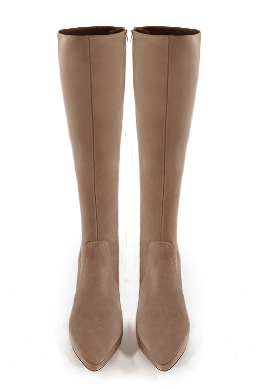 Botte femme : Bottes femme féminines sur mesures couleur beige biscuit. Bout effilé. Talon très haut fin. Plateforme à l'avant. Vue du dessus - Florence KOOIJMAN
