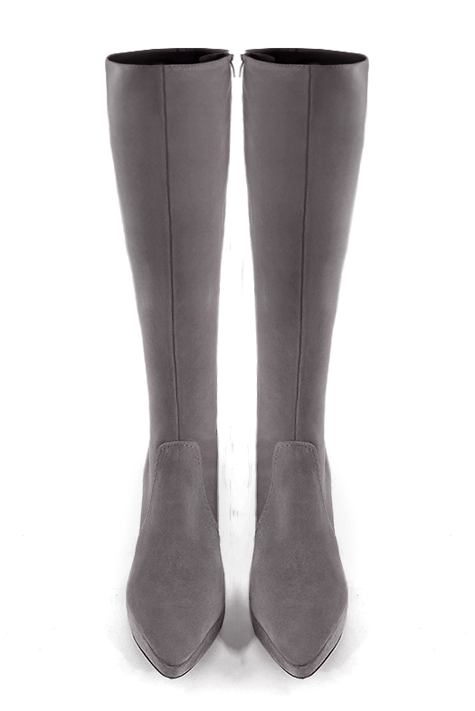 Botte femme : Bottes femme féminines sur mesures couleur gris galet. Bout effilé. Talon très haut fin. Plateforme à l'avant. Vue du dessus - Florence KOOIJMAN