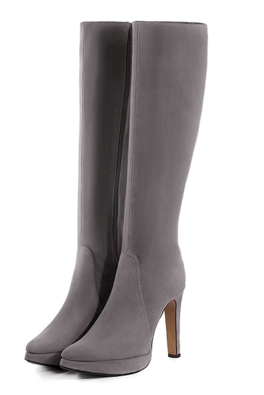 Botte femme : Bottes femme féminines sur mesures couleur gris galet. Bout effilé. Talon très haut fin. Plateforme à l'avant. Vue avant - Florence KOOIJMAN