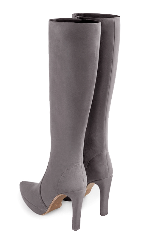 Botte femme : Bottes femme féminines sur mesures couleur gris galet. Bout effilé. Talon très haut fin. Plateforme à l'avant. Vue arrière - Florence KOOIJMAN