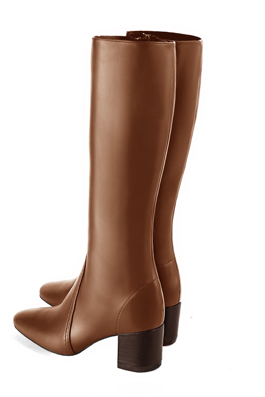 Botte femme : Bottes femme féminines sur mesures couleur marron caramel. Bout rond. Talon mi-haut bottier. Vue arrière - Florence KOOIJMAN