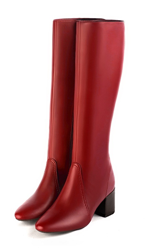 Botte femme : Bottes femme féminines sur mesures couleur rouge carmin. Bout rond. Talon mi-haut bottier. Vue avant - Florence KOOIJMAN