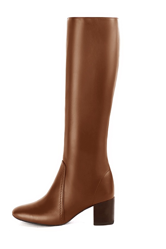 Botte femme : Bottes femme féminines sur mesures couleur marron caramel. Bout rond. Talon mi-haut bottier. Vue de profil - Florence KOOIJMAN