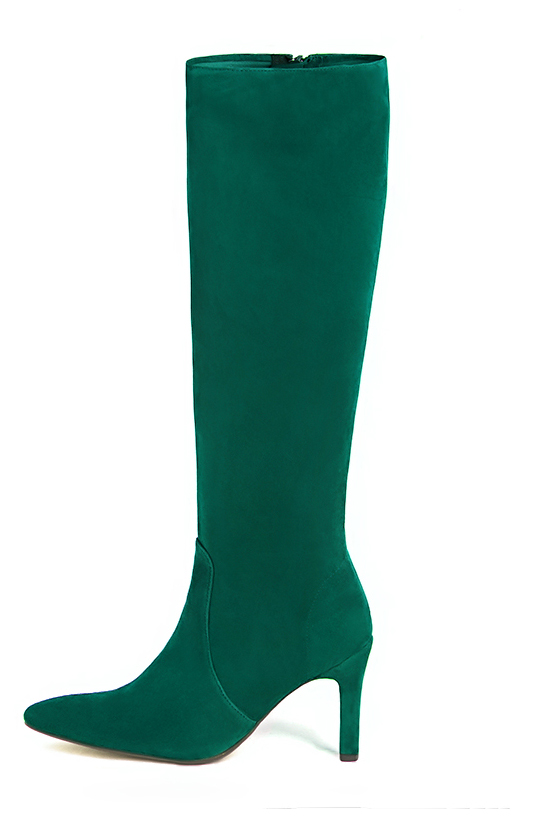 Bottes féminines élégantes et raffinées, réalisées sur mesure, coloris vert émeraude. Bout effilé. Haut. Talon fin. Mollets fins ou larges. Personnalisation : Choix des cuirs, des couleurs et des talons. - Florence KOOIJMAN