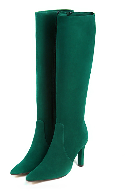 Bottes féminines élégantes et raffinées, réalisées sur mesure, coloris vert émeraude. Bout effilé. Haut. Talon fin. Mollets fins ou larges. Personnalisation : Choix des cuirs, des couleurs et des talons. - Florence KOOIJMAN