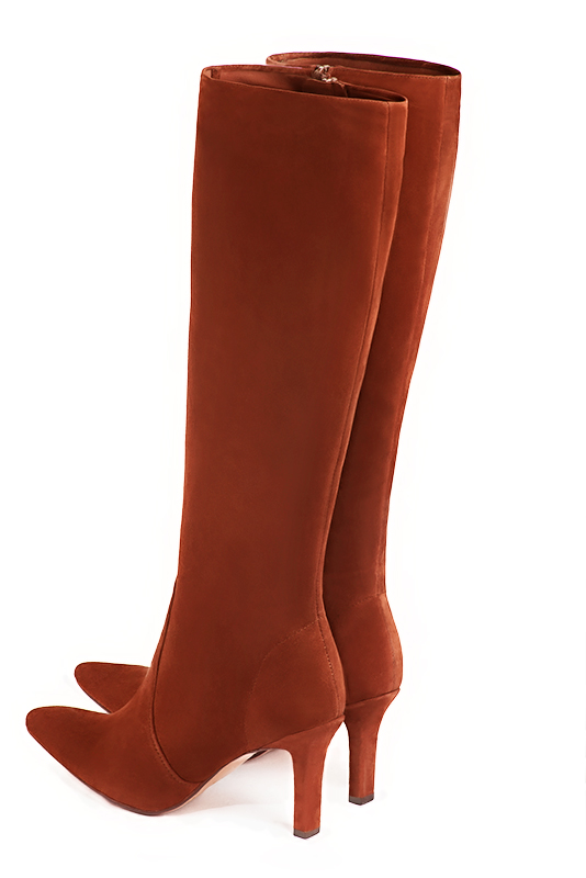 Botte femme : Bottes femme féminines sur mesures couleur orange corail. Bout effilé. Talon haut fin. Vue arrière - Florence KOOIJMAN