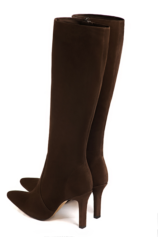 Botte femme : Bottes femme féminines sur mesures couleur marron ébène. Bout effilé. Talon très haut fin. Vue arrière - Florence KOOIJMAN
