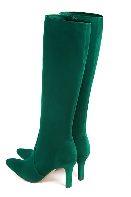 Botte femme : Bottes femme féminines sur mesures couleur vert émeraude. Bout effilé. Talon haut fin. Vue arrière - Florence KOOIJMAN