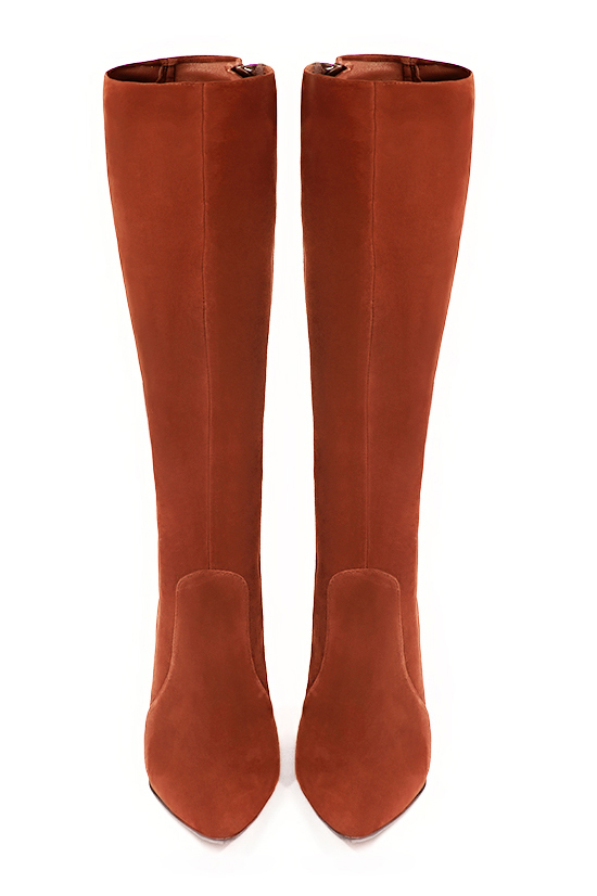 Botte femme : Bottes femme féminines sur mesures couleur orange corail. Bout effilé. Talon haut fin. Vue du dessus - Florence KOOIJMAN