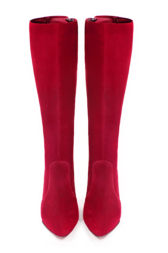 Botte femme : Bottes femme féminines sur mesures couleur rouge carmin. Bout effilé. Talon haut bobine. Vue du dessus - Florence KOOIJMAN