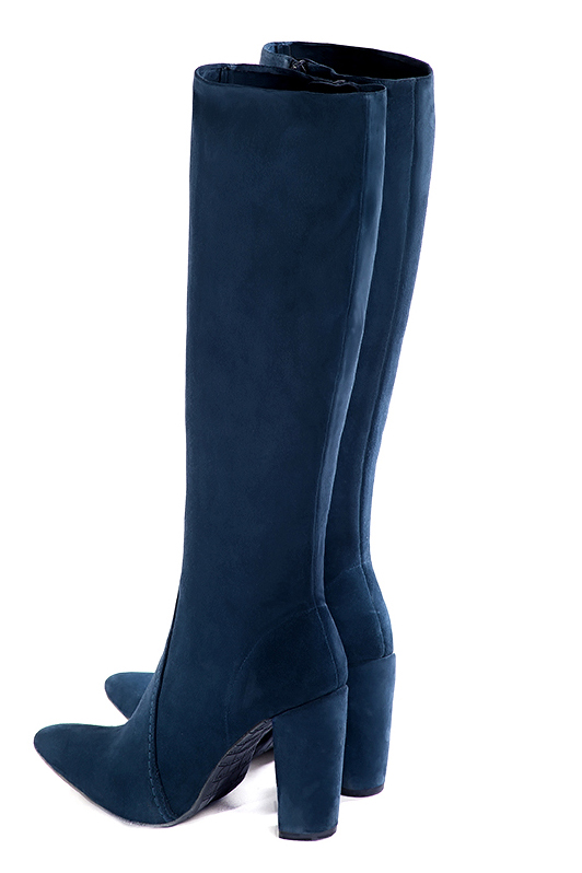 Botte femme : Bottes femme féminines sur mesures couleur bleu marine. Bout effilé. Talon très haut bottier. Vue arrière - Florence KOOIJMAN