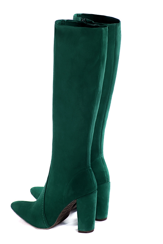 Bottes féminines élégantes et raffinées, réalisées sur mesure, coloris vert bouteille. Bout effilé. Très haut. Talon bottier. Mollets fins ou larges. Personnalisation : Choix des cuirs, des couleurs et des talons. - Florence KOOIJMAN