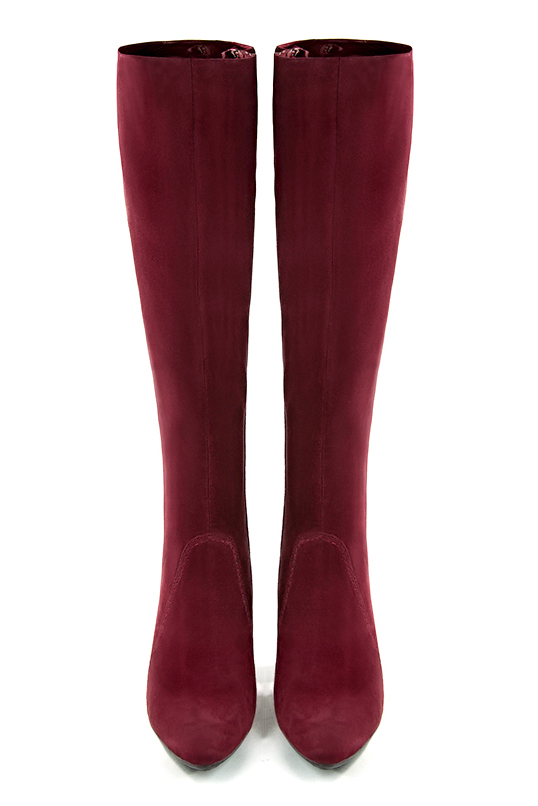 Botte femme : Bottes femme féminines sur mesures couleur rouge bordeaux. Bout effilé. Talon très haut bottier. Vue du dessus - Florence KOOIJMAN