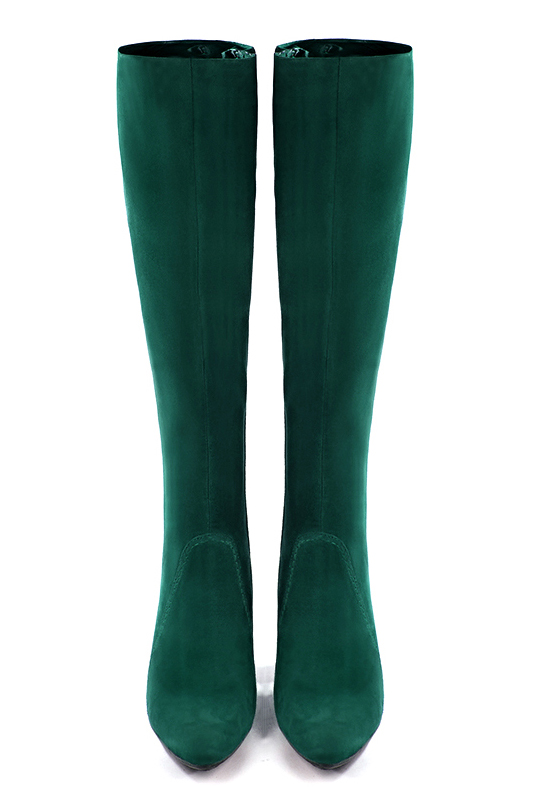 Botte femme : Bottes femme féminines sur mesures couleur vert émeraude. Bout effilé. Talon haut fin. Vue du dessus - Florence KOOIJMAN