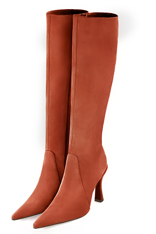 Botte femme : Bottes femme féminines sur mesures couleur orange corail. Bout pointu. Talon très haut bobine. Vue arrière - Florence KOOIJMAN