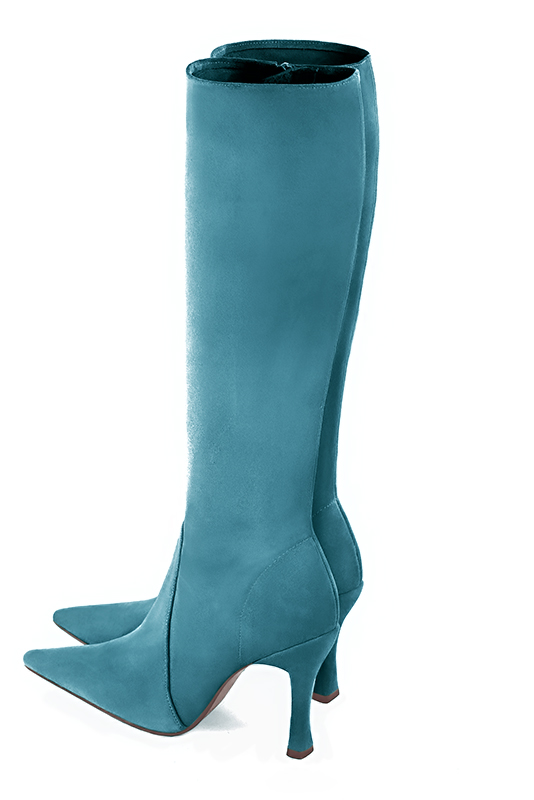 Botte femme : Bottes femme féminines sur mesures couleur bleu canard. Bout pointu. Talon très haut bobine. Vue du dessus - Florence KOOIJMAN