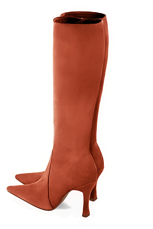 Botte femme : Bottes femme féminines sur mesures couleur orange corail. Bout pointu. Talon très haut bobine. Vue du dessus - Florence KOOIJMAN