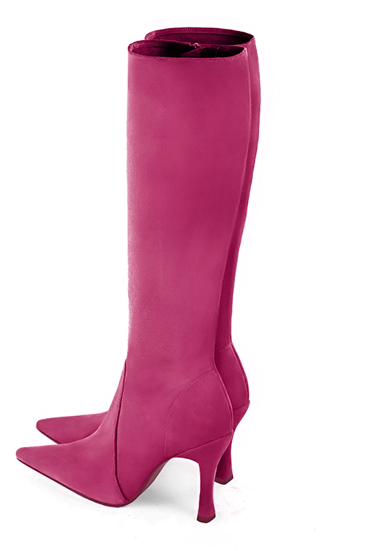 Botte femme : Bottes femme féminines sur mesures couleur rose fuchsia. Bout pointu. Talon très haut bobine. Vue du dessus - Florence KOOIJMAN