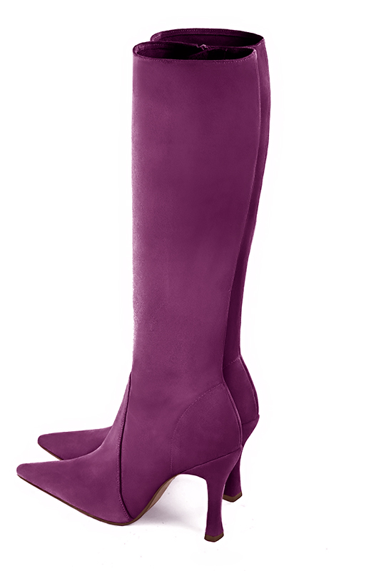 Botte femme : Bottes femme féminines sur mesures couleur violet myrtille. Bout pointu. Talon très haut bobine. Vue du dessus - Florence KOOIJMAN