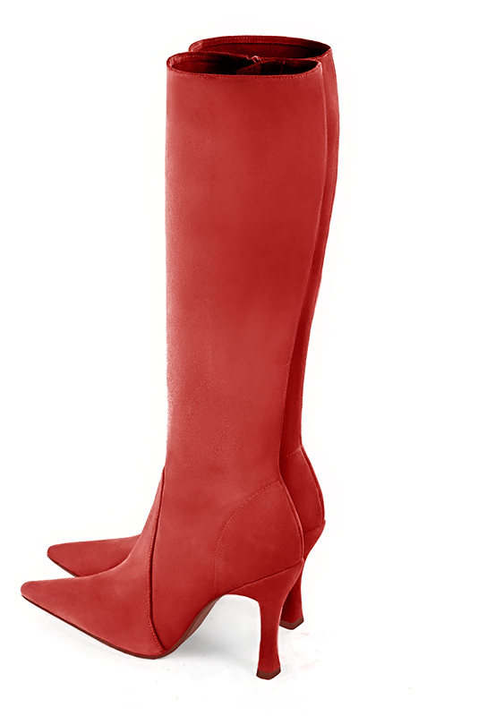 Botte femme : Bottes femme féminines sur mesures couleur rouge coquelicot. Bout pointu. Talon très haut bobine. Vue arrière - Florence KOOIJMAN