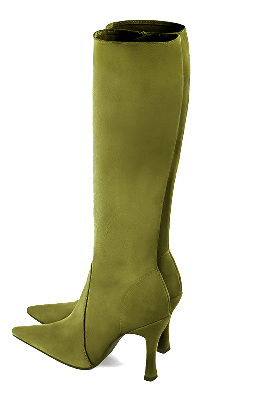 Botte femme : Bottes femme féminines sur mesures couleur vert pistache. Bout pointu. Talon très haut bobine. Vue du dessus - Florence KOOIJMAN