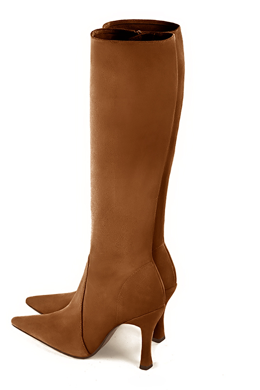 Botte femme : Bottes femme féminines sur mesures couleur marron caramel. Bout pointu. Talon très haut bobine. Vue du dessus - Florence KOOIJMAN
