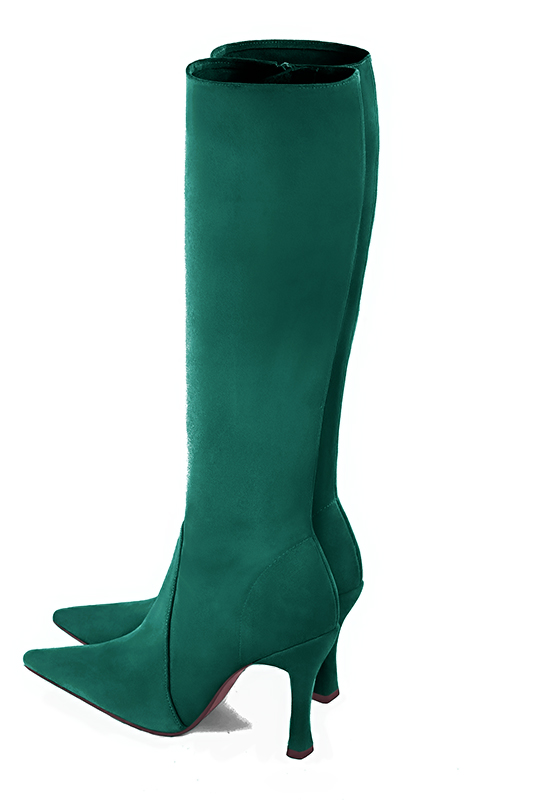 Botte femme : Bottes femme féminines sur mesures couleur vert émeraude. Bout pointu. Talon très haut bobine. Vue du dessus - Florence KOOIJMAN