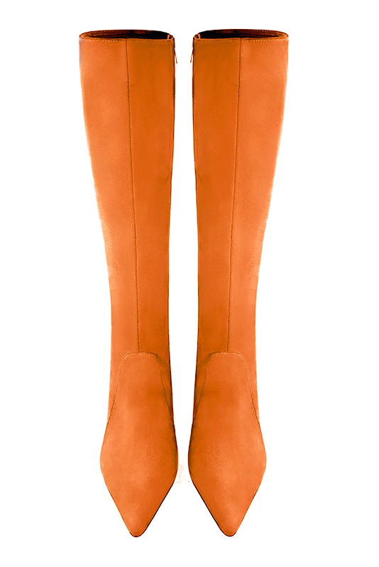 Botte femme : Bottes femme féminines sur mesures couleur orange abricot. Bout pointu. Talon très haut bobine. Vue du dessus - Florence KOOIJMAN