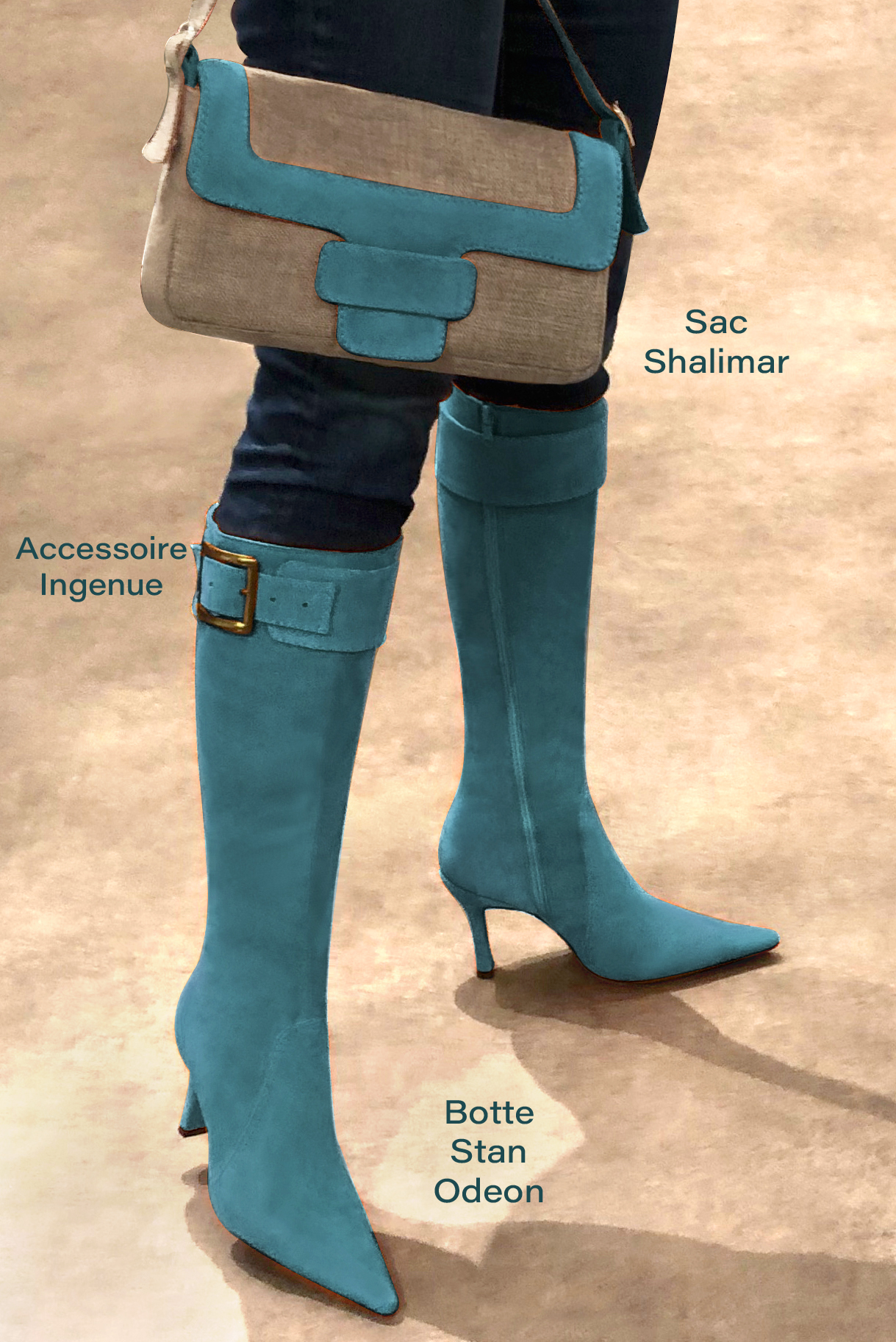 Botte femme : Bottes femme féminines sur mesures couleur bleu canard. Bout pointu. Talon très haut bobine. Vue porté - Florence KOOIJMAN