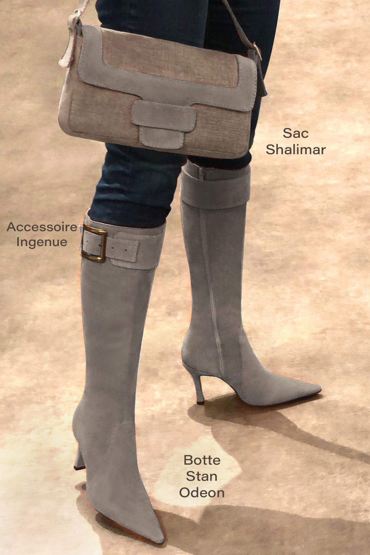 Botte femme : Bottes femme féminines sur mesures couleur beige mastic. Bout pointu. Talon très haut bobine. Vue porté - Florence KOOIJMAN