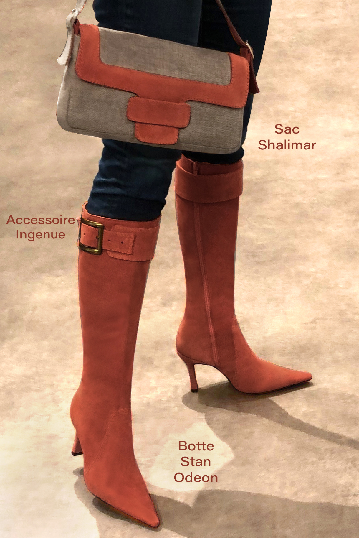 Botte femme : Bottes femme féminines sur mesures couleur orange corail. Bout pointu. Talon très haut bobine. Vue porté - Florence KOOIJMAN