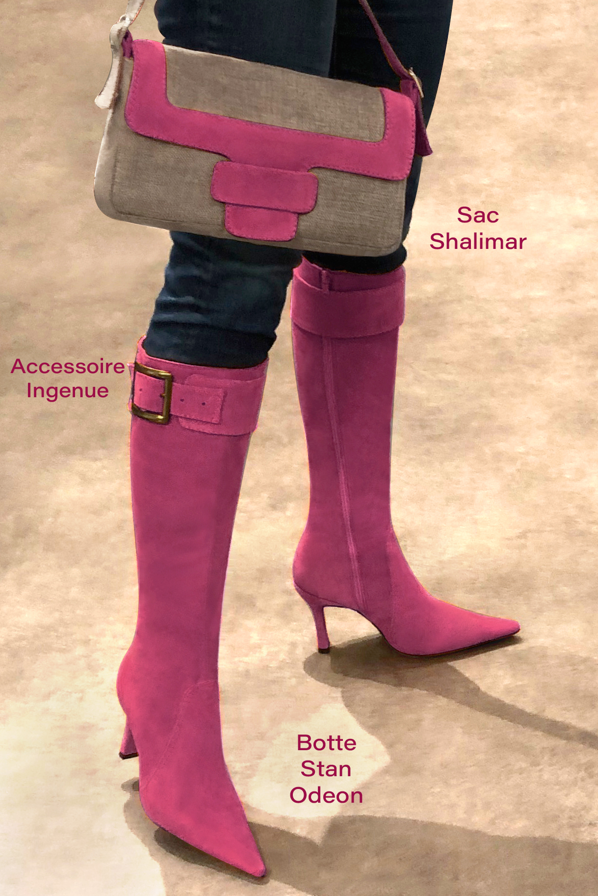 Botte femme : Bottes femme féminines sur mesures couleur rose fuchsia. Bout pointu. Talon très haut bobine. Vue porté - Florence KOOIJMAN