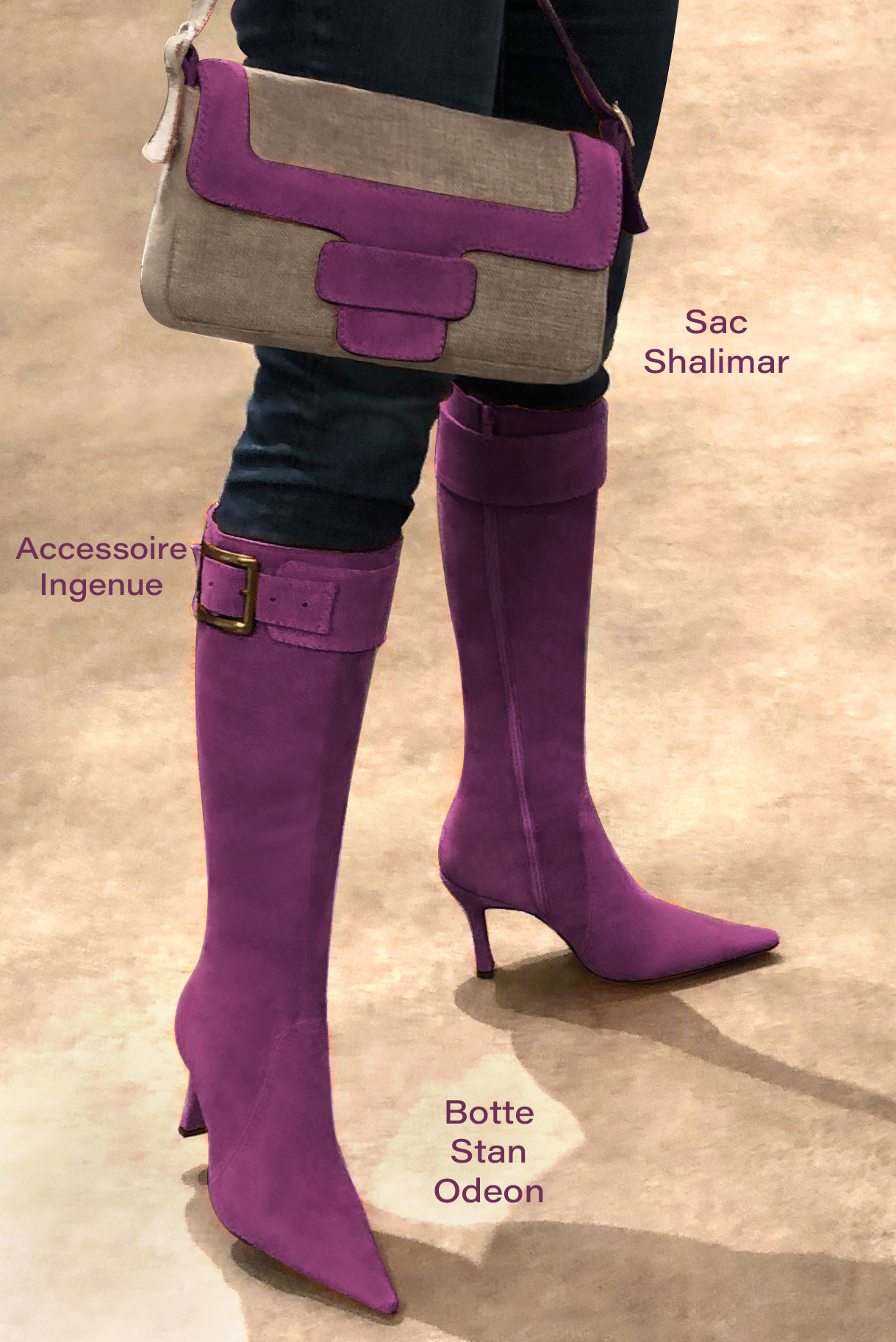 Botte femme : Bottes femme féminines sur mesures couleur violet myrtille. Bout pointu. Talon très haut bobine. Vue porté - Florence KOOIJMAN