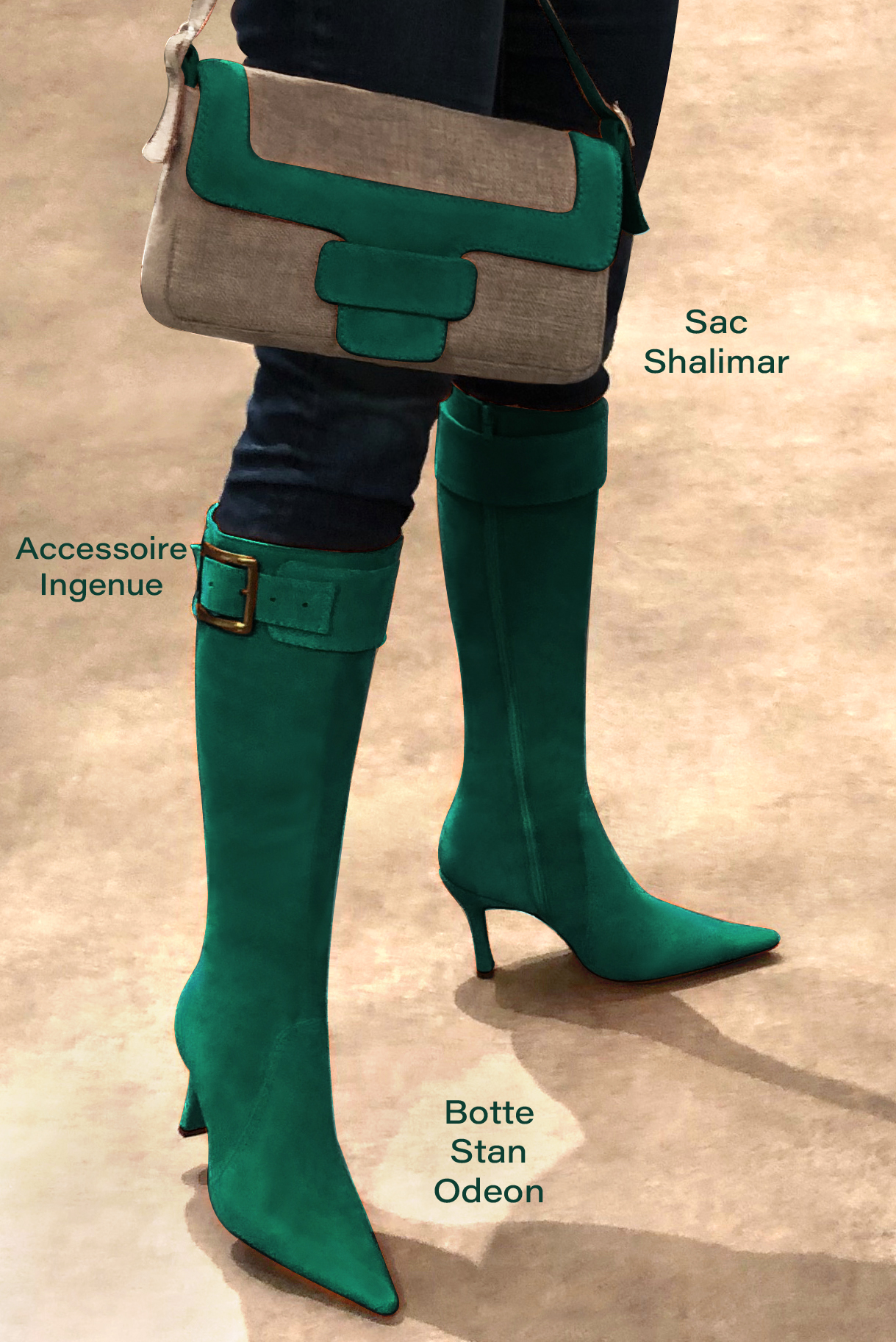 Botte femme : Bottes femme féminines sur mesures couleur vert émeraude. Bout pointu. Talon très haut bobine. Vue porté - Florence KOOIJMAN
