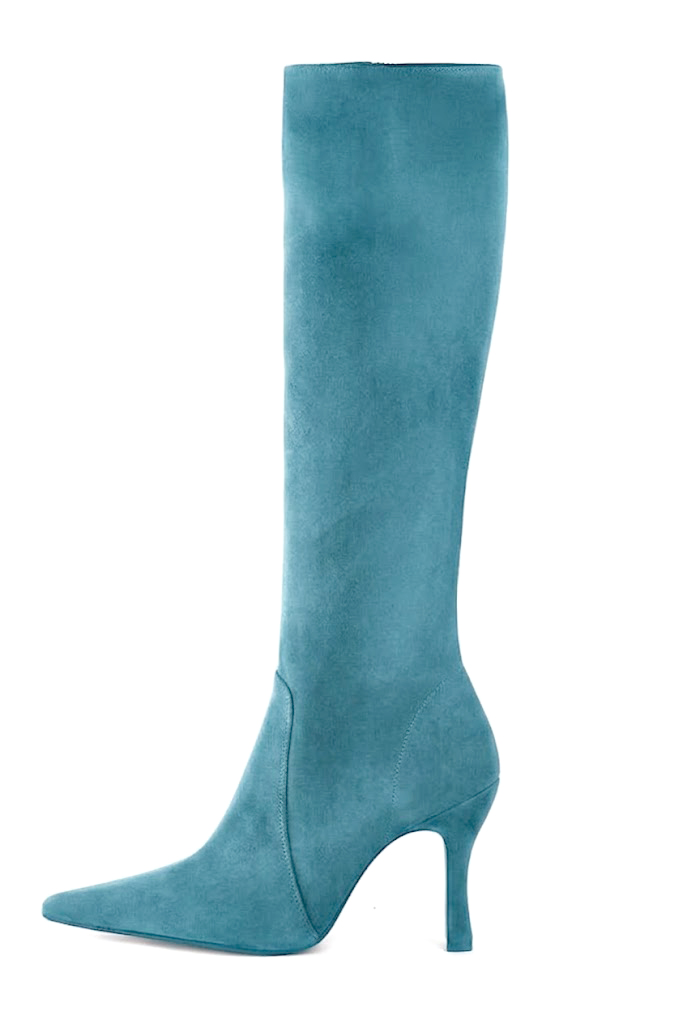 Bottes habillées femme sur mesure en cuir bleu canard à talon bobine de 9.5 cm et bout pointu - Vue de profil