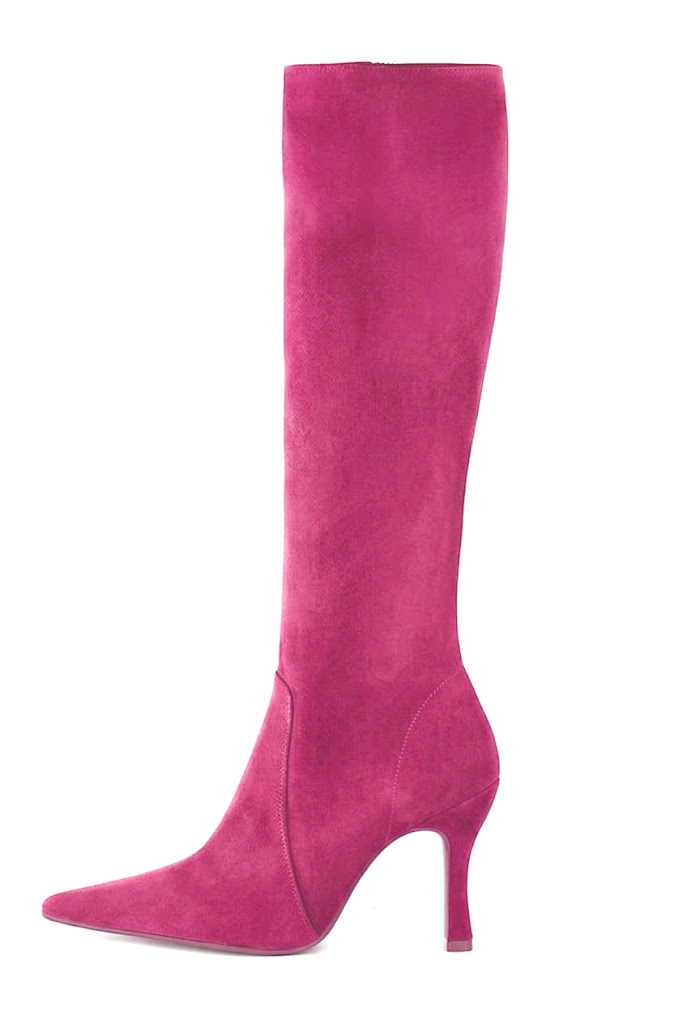 Bottes habillées femme sur mesure en cuir rose fuchsia à talon bobine de 9.5 cm et bout pointu - Vue de profil