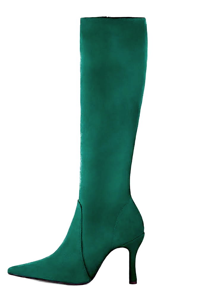 Bottes habillées femme sur mesure en cuir vert émeraude à talon bobine de 9.5 cm et bout pointu - Vue arrière