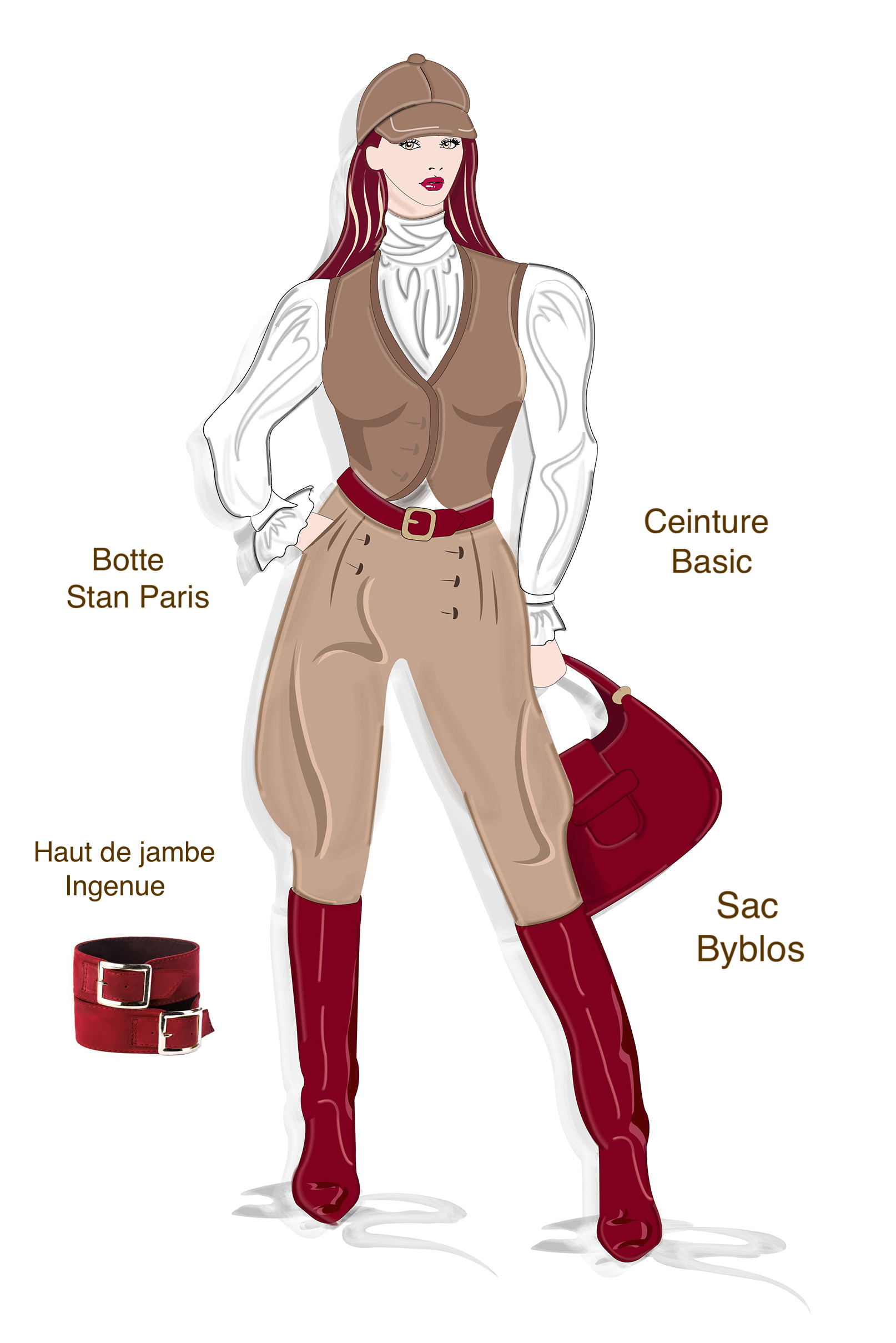 Botte femme : Bottes femme cavalières sur mesures couleur rouge bordeaux. Bout rond. Semelle cuir petit talon. Vue de profil - Florence KOOIJMAN
