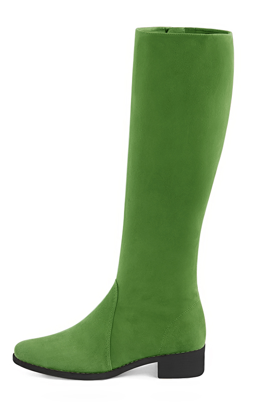 Botte femme : Bottes femme cavalières sur mesures couleur vert anis. Bout rond. Semelle cuir petit talon. Vue porté - Florence KOOIJMAN